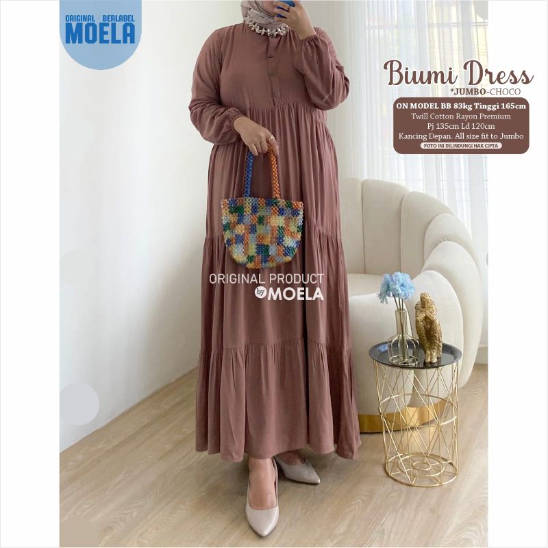 Biumi Dress Gamis Polos Jumbo Allsize Busui Premium Twill Catton Rayon Original Ori Moela Berlabel-Biumi choco