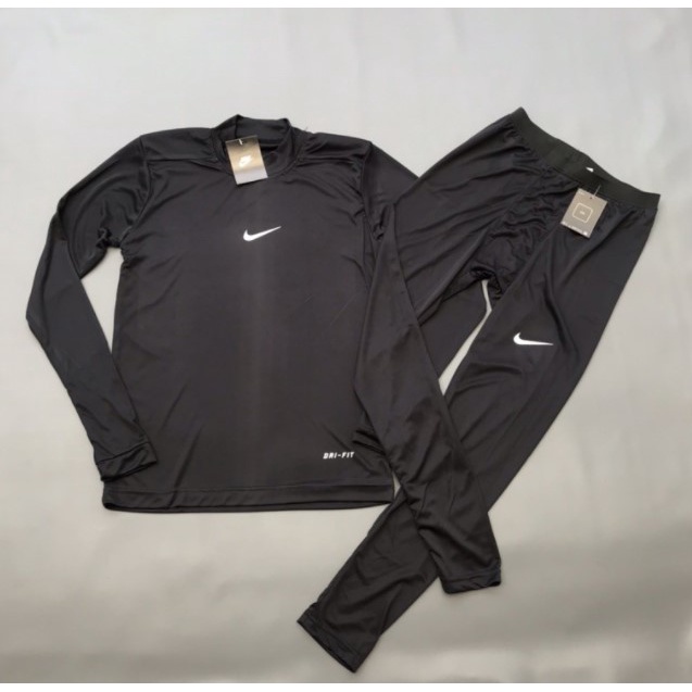 Paket Lengkap Baselayer Lengan Panjang Kaos Celana Panjang Hitam Base Layer NIKE Olahraga Volley Voli Futsal Sepak Bola Sepeda Basket