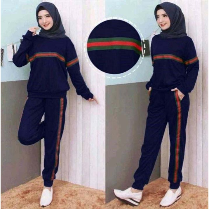 LVB- (GRATIS ONGKIR &amp; COD) Setelan Training Wanita GARIS /uk. L - XL - XXL - 3XL/NEW 2021/Terbaru,Terlaris dan Termurah/Setelan Olahraga Senam/Set Viral Perempuan Adem Halus Nyerap Keringat Jumbo/Track suit/03652 03756 03860 03964/ Sweet Ideal Style