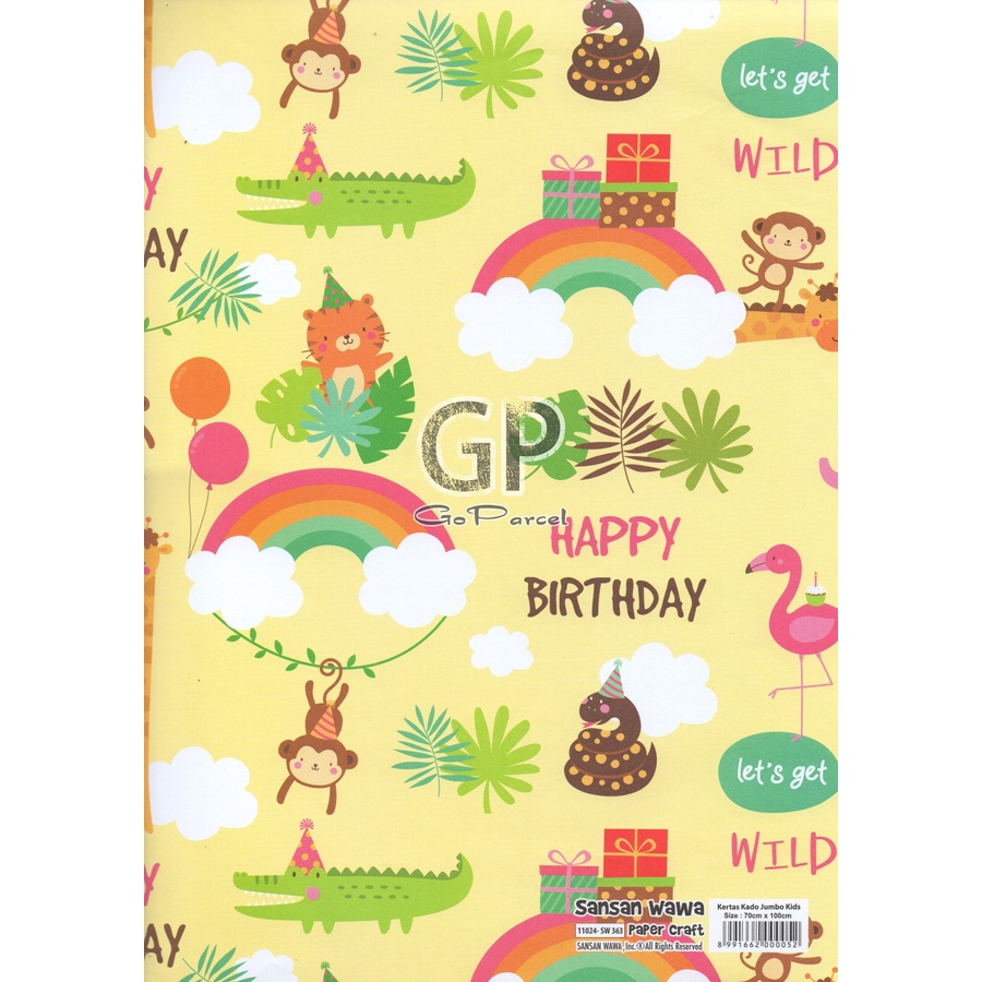 ( 5 Lembar ) JUMBO BDAY SANWA - KERTAS KADO BIRTHDAY SANWA - GIFT WRAP PAPER SANSAN WAWA UNICORN HAPPY BIRTHDAY ULANG TAHUN BALON GOLD EMAS RAINBOW