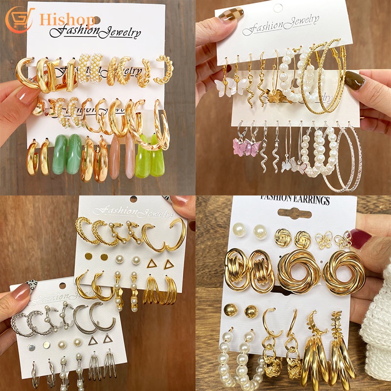 Set Anting Hoop Desain Ular Butterfly Hati Aksen Mutiara Bahan Resin Warna Emas Perak Gaya Vintage Untuk Wanita