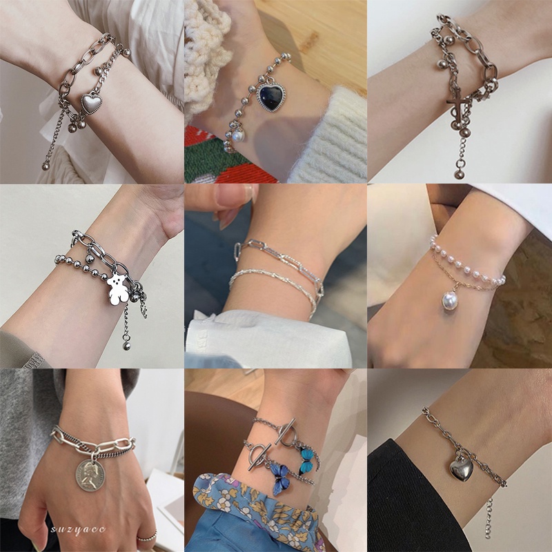 YEEZII Gelang Rantai Choker Liontin Kupu-Kupu Hati Mutiara Warna Silver Gaya Retro Untuk Wanita