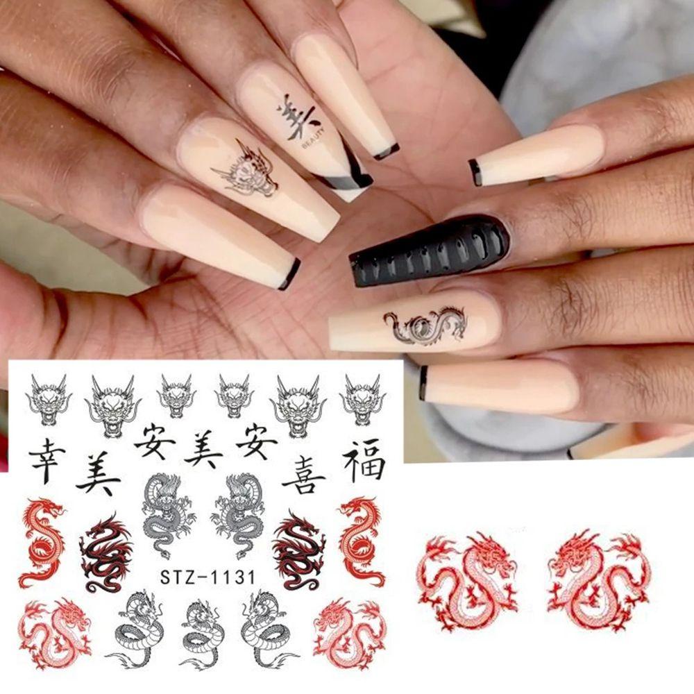 Preva 1/4pcs Stiker Kuku Dekorasi Nail Art Ular Merah Hitam Imlek