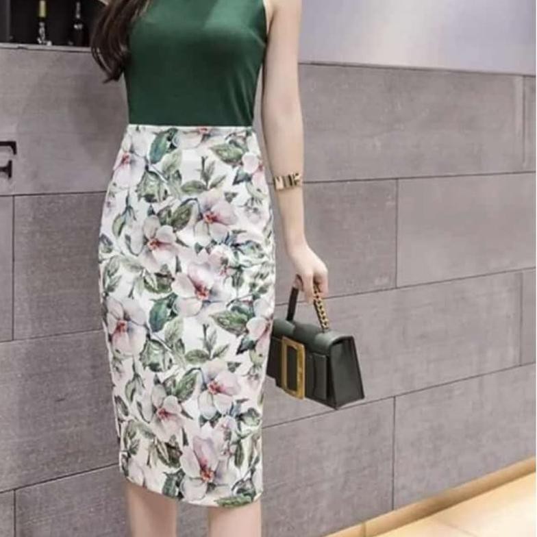 ❃ Rok Midi Span Pensil Motif Print Import ♀