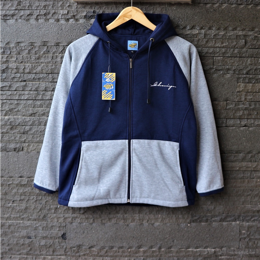 Jaket Sweater Anak Ghoniyu Kids Raglan Logo Bordir Zipper Hoodie Unisex Abu Original Best Seller Navy Blue