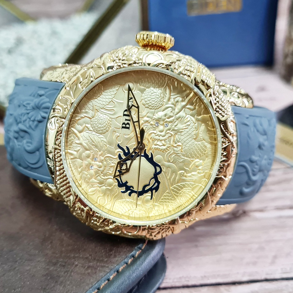 (COD) Jam Tangan Pria Original BIDEN Aristocrat Gold Big Size Tali Karet Rubber SIlikon Analog Naga 
