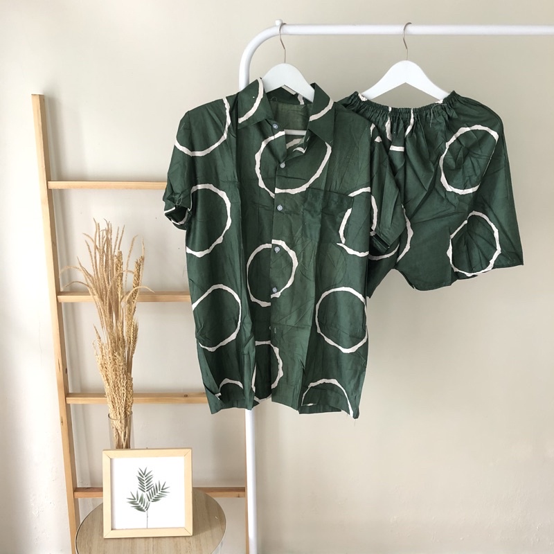 hirafa - One Set Setelan Atas Bawah Full Kancing / Baju Santai Tie Dye / Baju Wanita Pria-Big Ring - Green