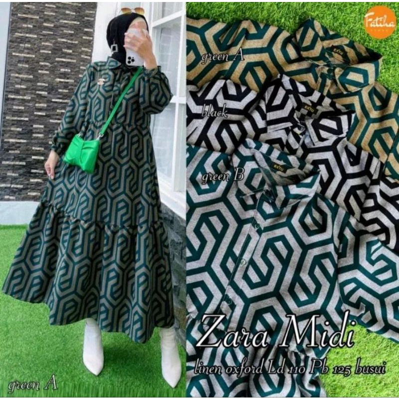 Midi dress Motif Z*ra Print Bahan Linen Import