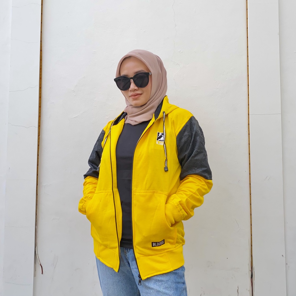 Jaket Sweater Zipper Bordir Kombinasi Qwilting Kuning BLDS