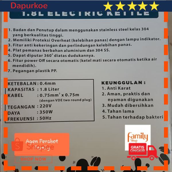 Murah YUNDAI TEKO LISTRIK / ELECTRIC KETTLE STAINLESS 18 L Keren