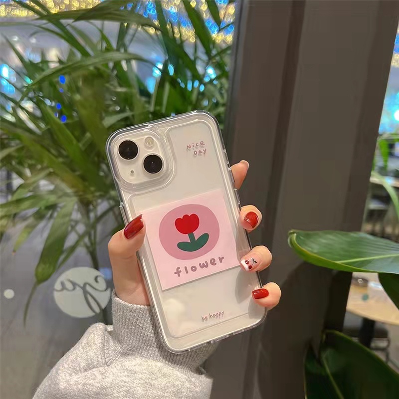 Case Bahan Akrilik Transparan Motif Bunga Merah Untuk iPhone 11 7Plus 8Plus Xr XS 13 12 Pro Max