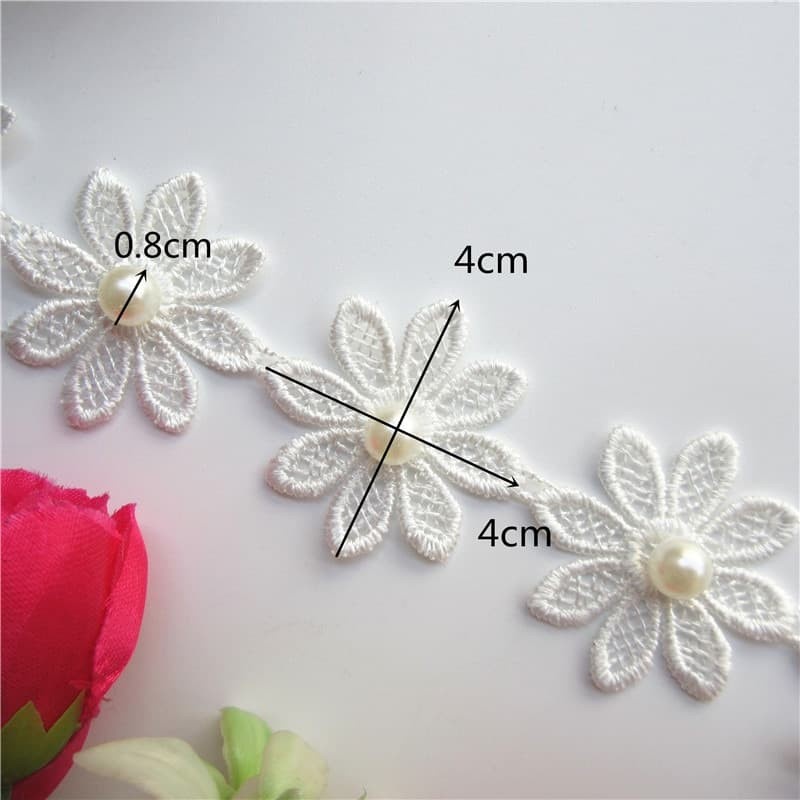 Fabric Embroidered Lace - Pearl Flower Chain Dia.4cm (10pcs)