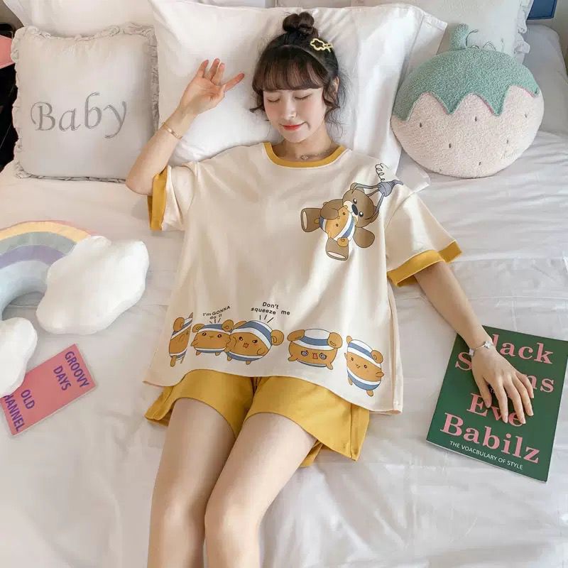Ven 101- Setelan piyama lengan pendek import motif lucu/impor korea/baju tidur katun bahan lembut-2