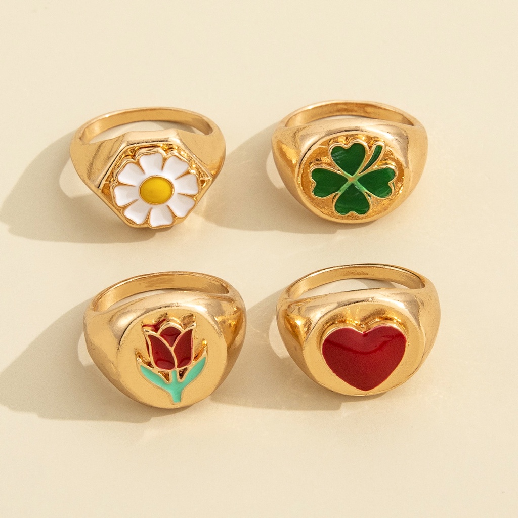 Eropa dan Amerika perhiasan kreatif segar cinta hati bunga Tulip retro cincin empat buah set