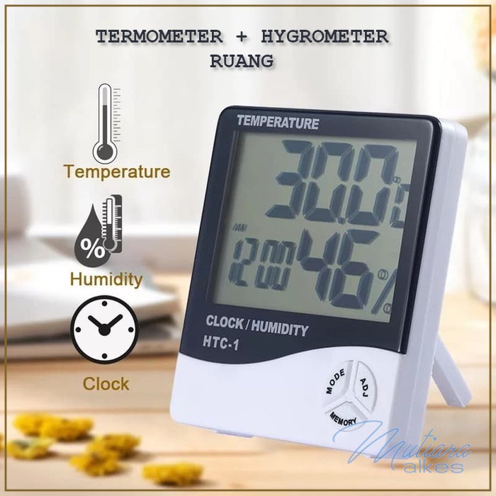 HTC-1 Thermometer Suhu Ruangan Digital Jam Humidity Hygrometer Indoor Pengukur Kelembapan
