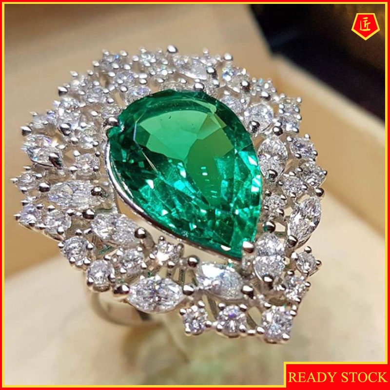 [Ready Stock]Elegant Inlaid Diamond Emerald Ring