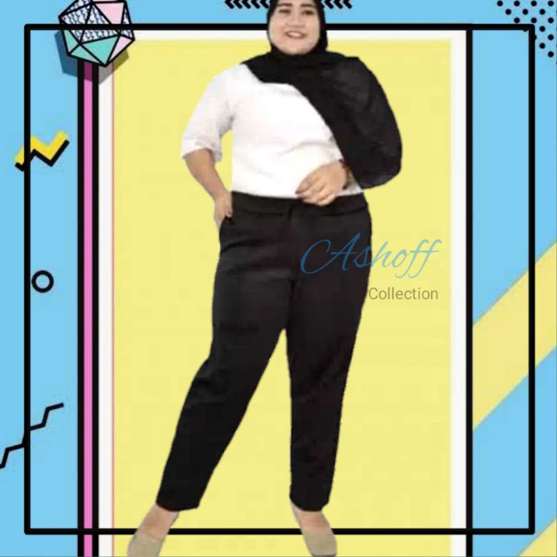 Celana Kerja Big Size Jumbo Panjang Wanita Basic Pants Scuba Pinggang Karet Bahan Melar