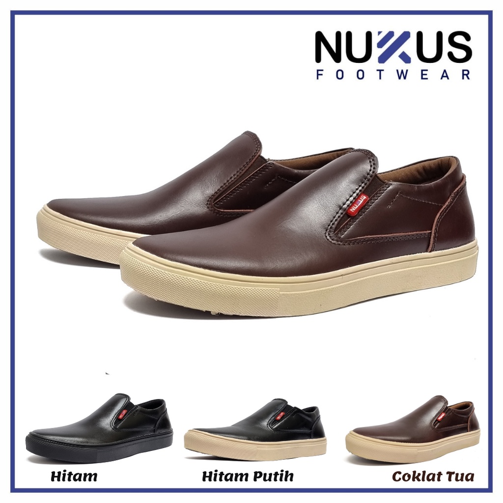 Nukus Sepatu Pria Kasual Slip On Classic Kulit Sapi Asli Coklat , Hitam dan Hitam Putih - NKS