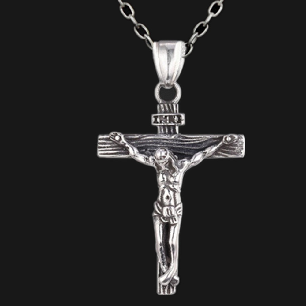 Kalung Rantai Liontin Salib Yesus Bahan Stainless Steel Lapis Emas / Silver 14k Gaya Hip Hop