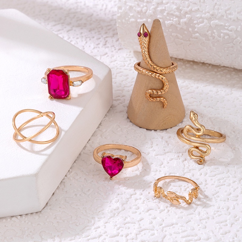 6pcs / Set Cincin Berlian Ruby Bentuk Ular Silang Persegi Gaya Vintage