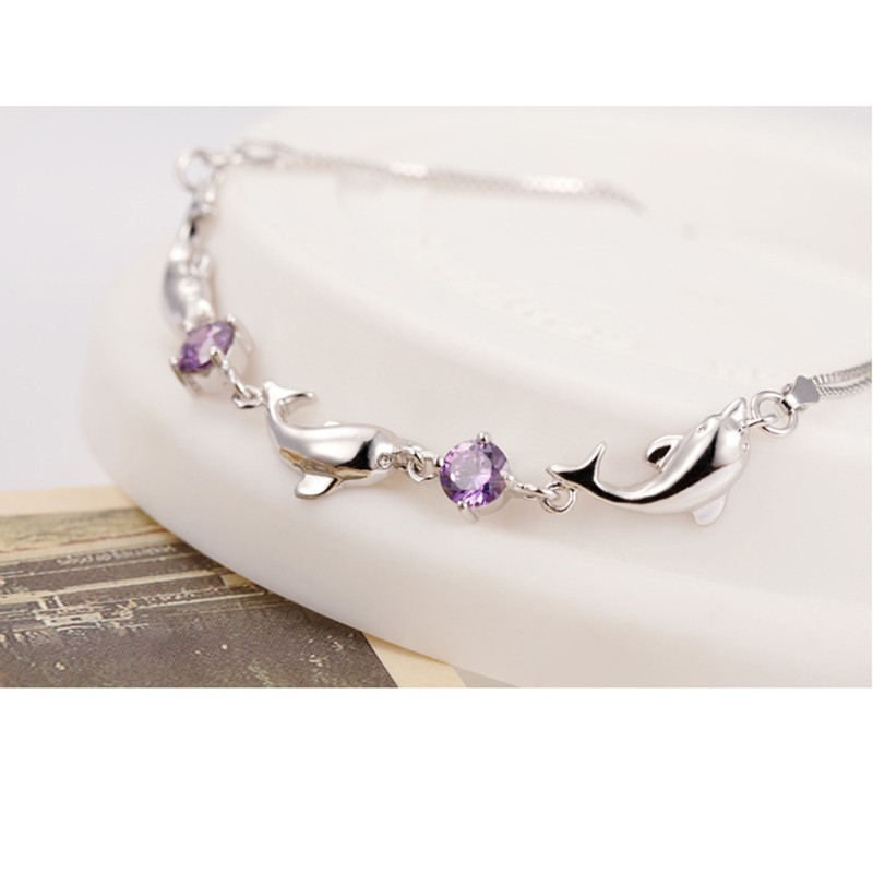 gelang perak 925 asli untuk wanita Perhiasan Fashion Tiga lumba-lumbagelang tangan perempuan