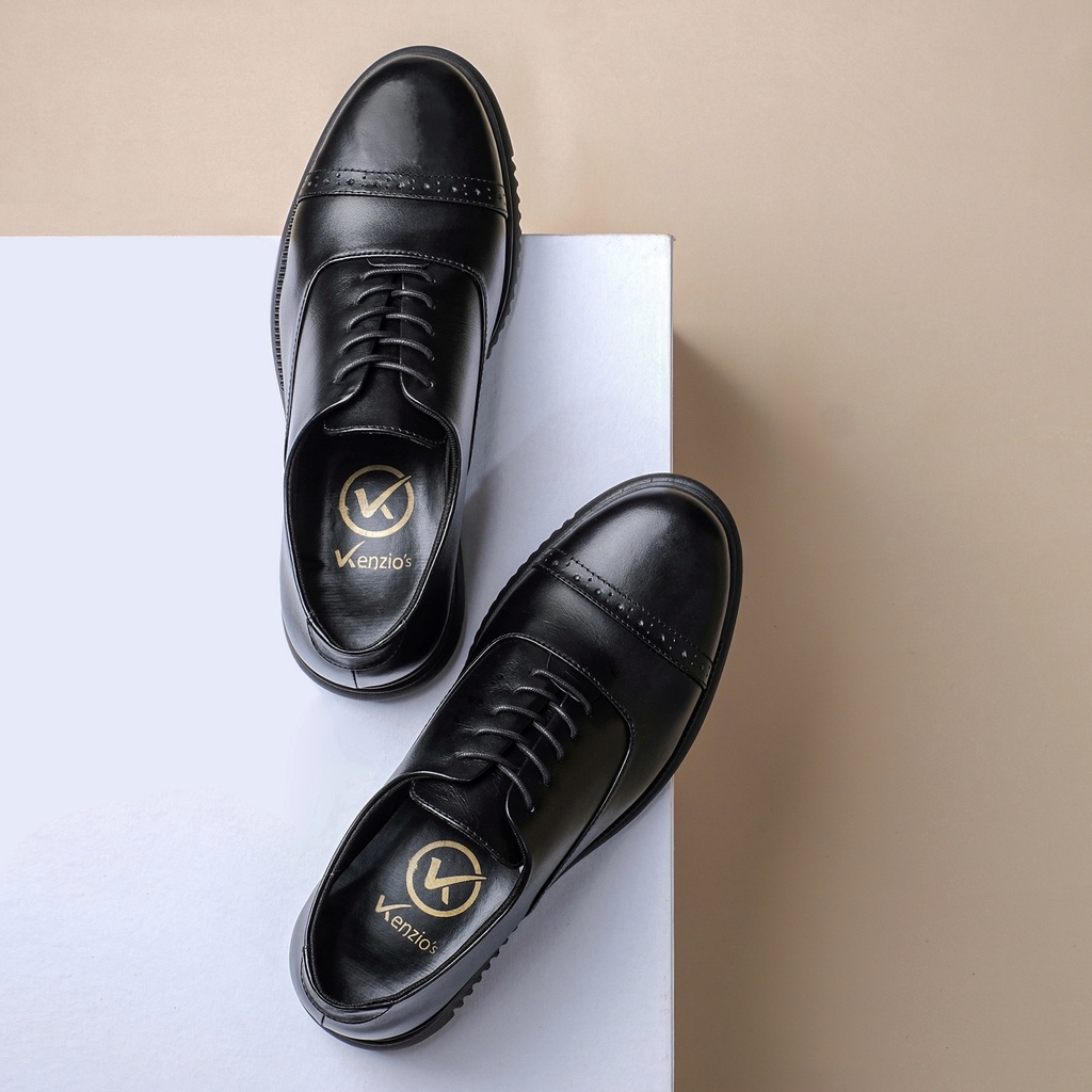 Einstein Black | Sepatu Kulit Asli Klasik Pria Derby Original Footwear Captoe Baru | FORIND x Kenzios