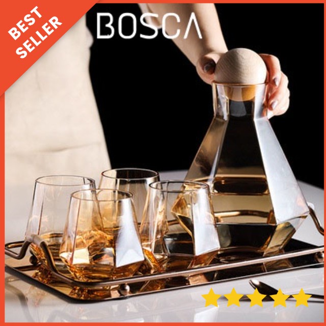 Bosca Living - Set Gelas Kaca Hexagon Prisma Mewah / Satu Set Jug Pitcher Gelas Kaca Amber Dengan Na
