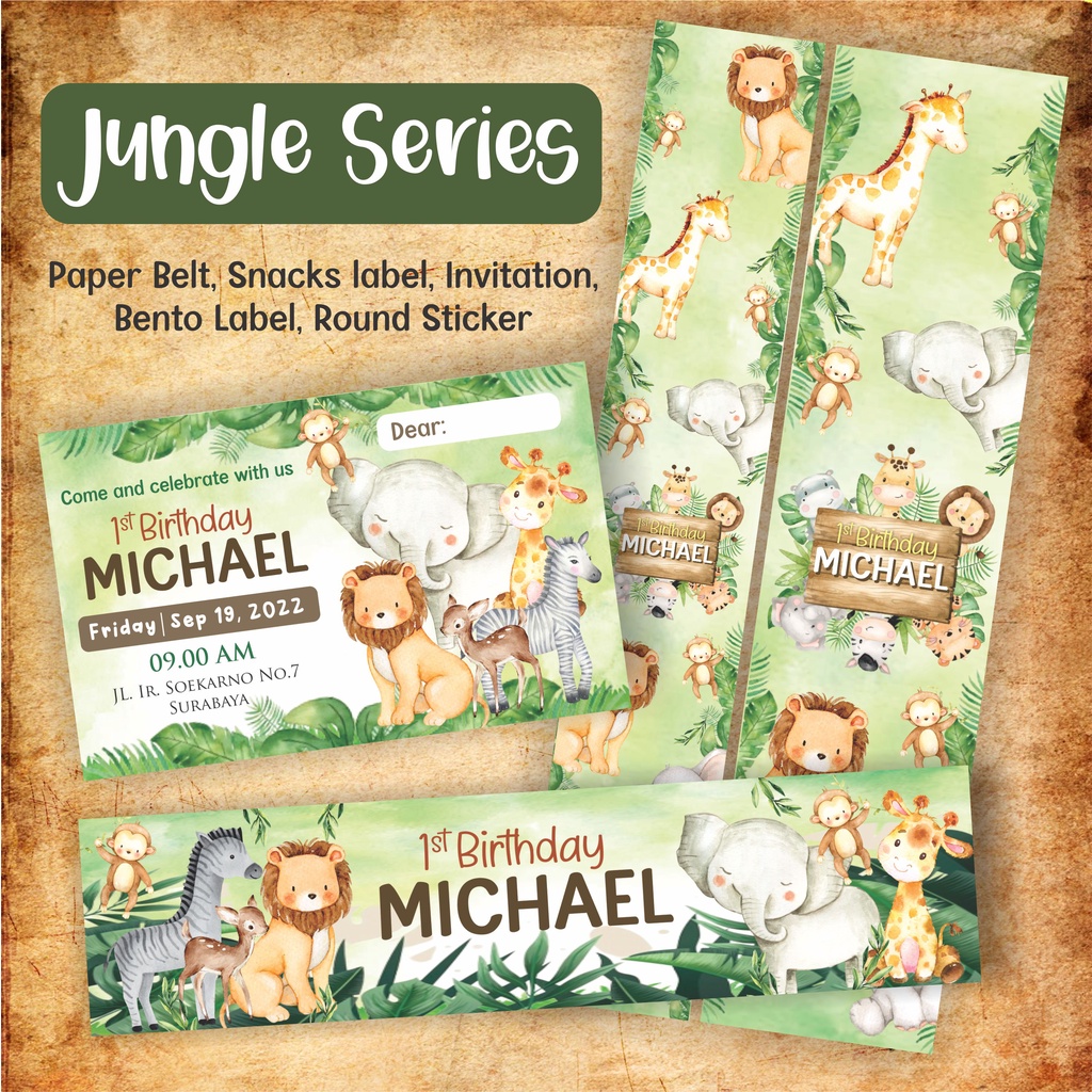 

JUNGLE ANIMAL ZOO, Paper belt & Sticker Ulang tahun & Birthday Invitation