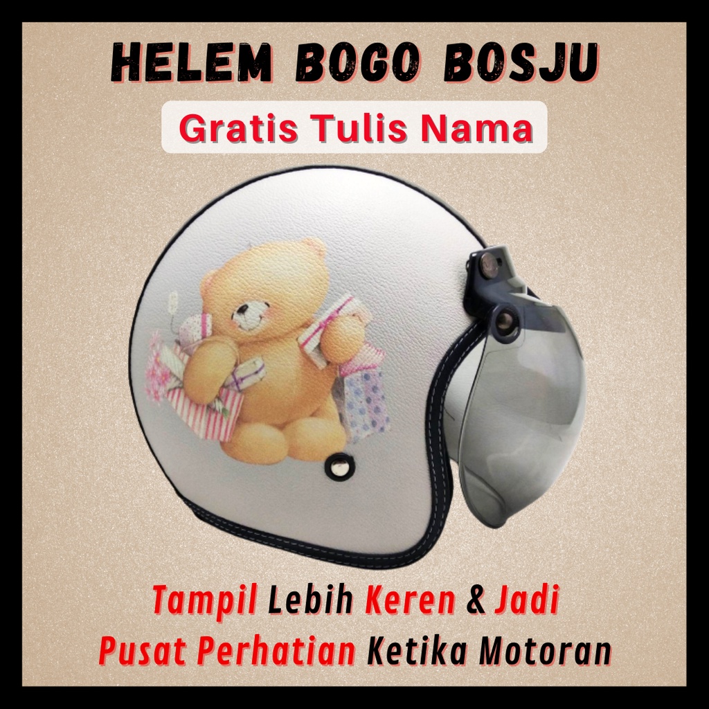 HELM BOGO RETRO MOTIF BONEKA BERUANG ABU IMUT LUCU KULIT WANITA DEWASA KACA DATAR - HELEM BOGO BOSJU