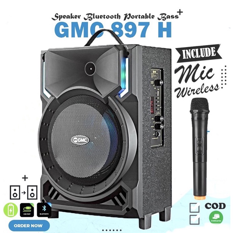 SPEAKER PORTABLE BLUETOOTH GMC 897H 897 H BONUS MIC WIRELESS 8inch 8in 8 inch AMPLIMEETING SPEAKER K