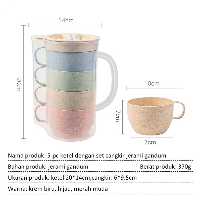 (COD) Set Teko Jerami 5in1 / Teko Set Gelas Plastik 5in1