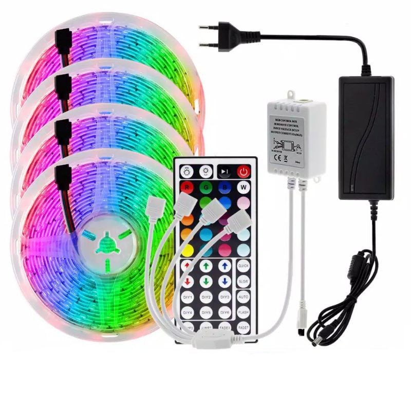 PAKET LAMPU LED STRIP RGB 3528 2835 20 METER REMOTE 24 44 TOMBOL 20M WARNA WARNI HIAS KAMAR DISCO