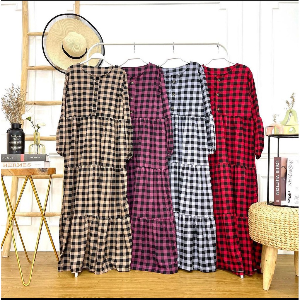 Gamis jumbo busui kancing rempel 3 susun motif kotak bahan voxy merk cocobee (864)