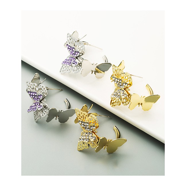 LRC Anting Tusuk Fashion C-shaped Butterfly And Diamond Alloy Hollow Earrings K69824