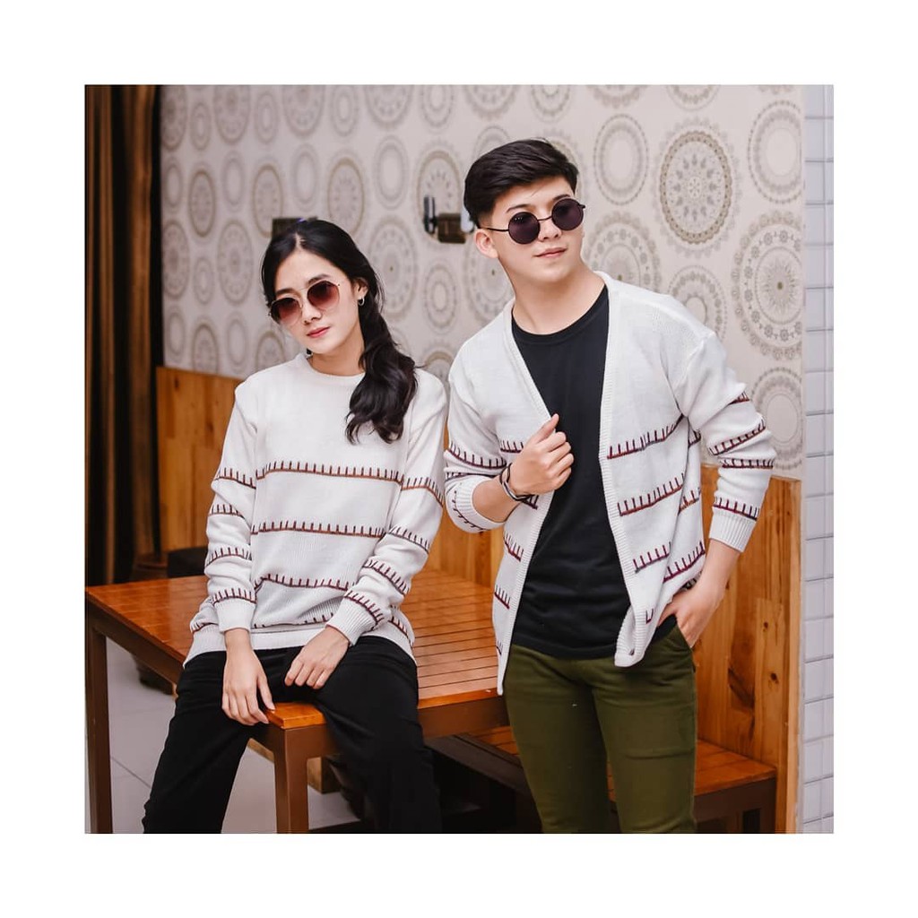 DELUNA Sweater Cardi Atasan Rajut Cardigan Pria Wanita Couple Stripe / Rajut Couple Putih Termurah