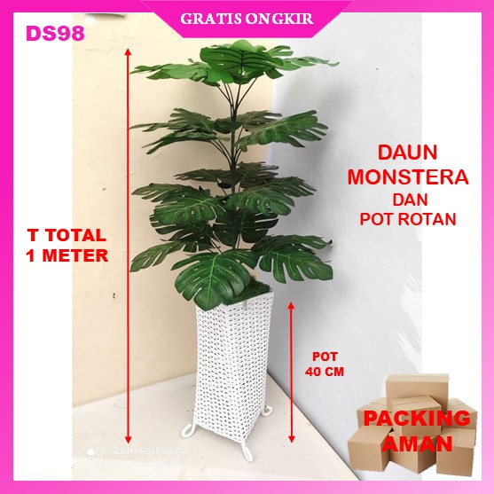 Bunga Tanaman Kembang Hias Plastik Besar Artificial Daun Monstera Pot Rotan Terbaru Import Set