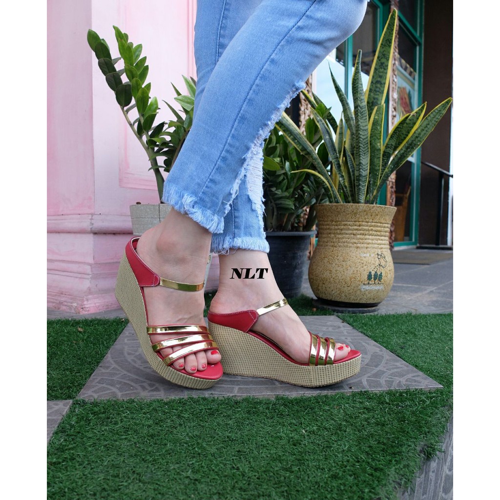 NunuLisaTan- Real Pic Termurah Sepatu Tinggi Wanita Wedges Pesta Selop 7cm MR19