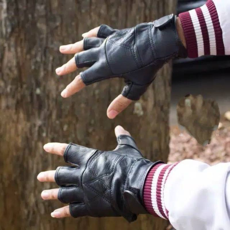 Sarung Tangan Kulit Asli half finger || setengah jari original motor Pria daily man Gloves