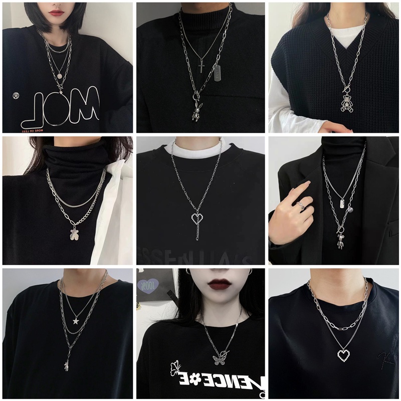 Kalung Rantai Panjang Multilayer Desain Beruang Hati Gaya Hip Hop Untuk Wanita