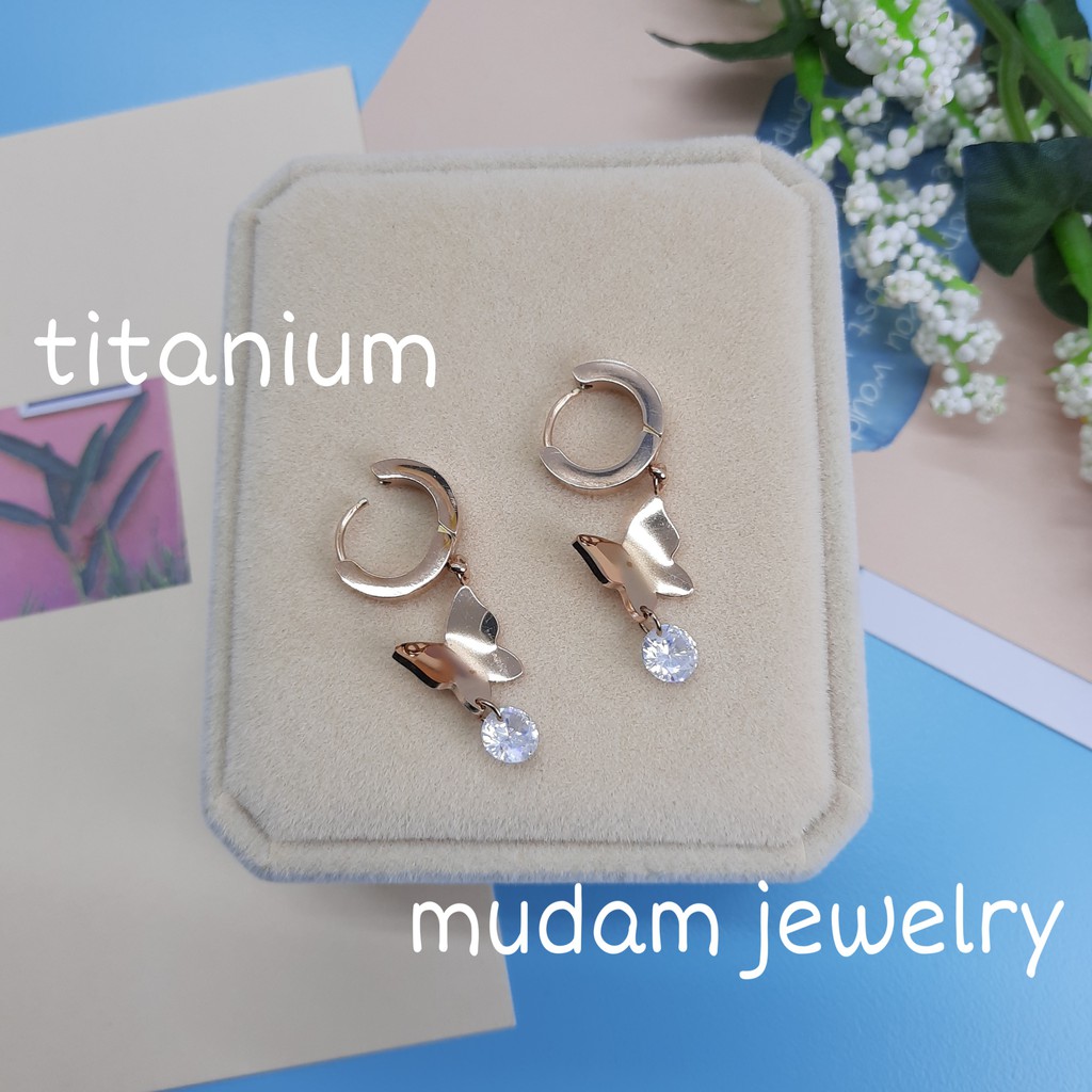 Anting Jepit Titanium Juntai Kupu - Kupu Polos Dengan Bandul Permata Artifisial Warna Rose Gold