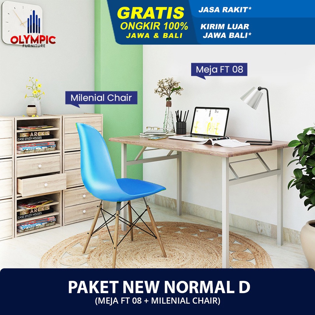 MORE Olympic New Normal Paket D - Meja Kerja / Meja Belajar + Kursi - FT 08 + KURSI MILENIAL