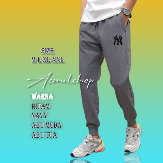 mnxd shop. Celana jogger pria ALAN AH,Bahan fleece tebal,logo bordri premium.freesize 28-34 pemakai