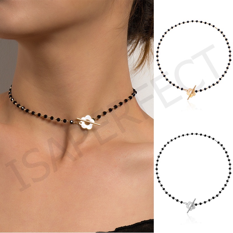 Fashion Mewah Hitam Kristal Kaca Manik Rantai Kalung Kalung untuk Wanita Bunga Lariat Kunci Kerah Kalung Perhiasan Pesta Pesona