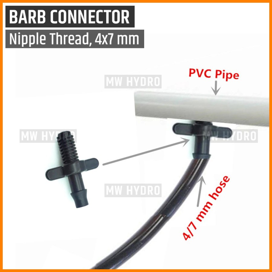 Barb Connector 7 mm - Male Thread 6 mm | Konektor Selang Irigasi Hidroponik - Drat Luar 6 mm / Nepel Ulir