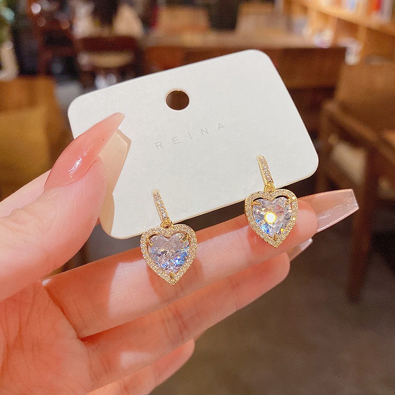 Anting Tusuk Sterling silver 925 Desain Hati Hias Zircon Besar Mewah Untuk Wanita