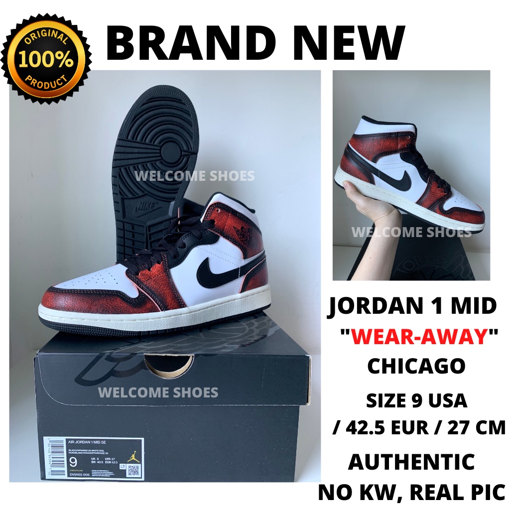 Nike Air Jordan 1 Mid Wear-Away Chicago 100% Authentic - READY SIZE 42.5 Sepatu Original