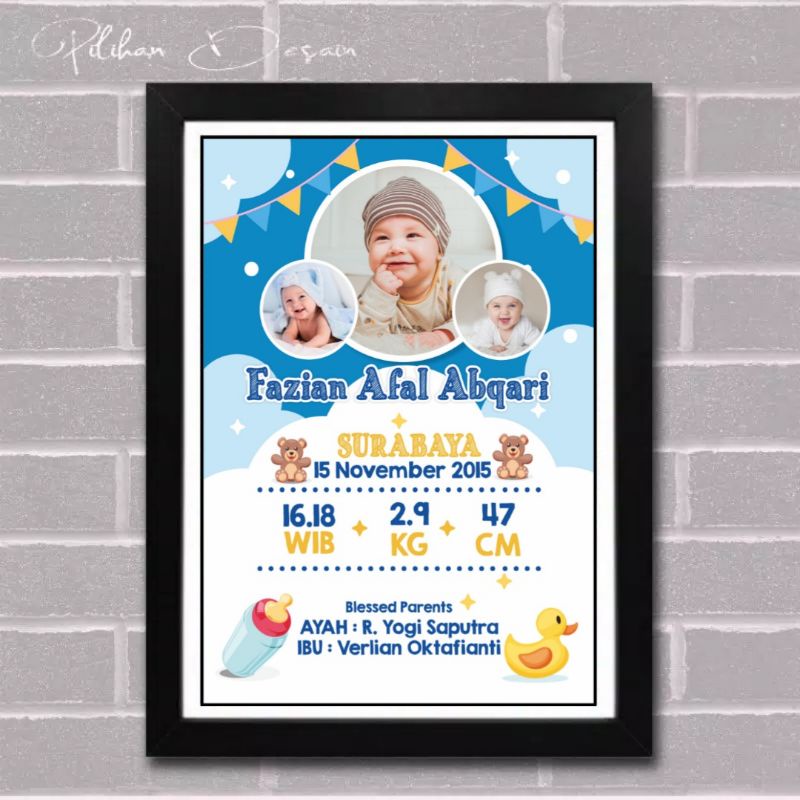 FRAME KACA + CETAK + DESAIN foto biodata anak bayi hadiah gift kado hampers lahiran melahirkan unik