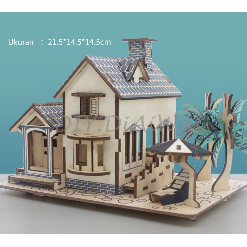 Puzzle 3D DIY bahan kayu model beach house / seaside villa mainan puzzle edukasi anak