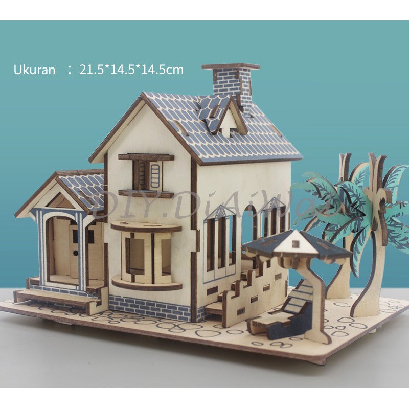 Puzzle 3D DIY bahan kayu model beach house / seaside villa mainan puzzle edukasi anak