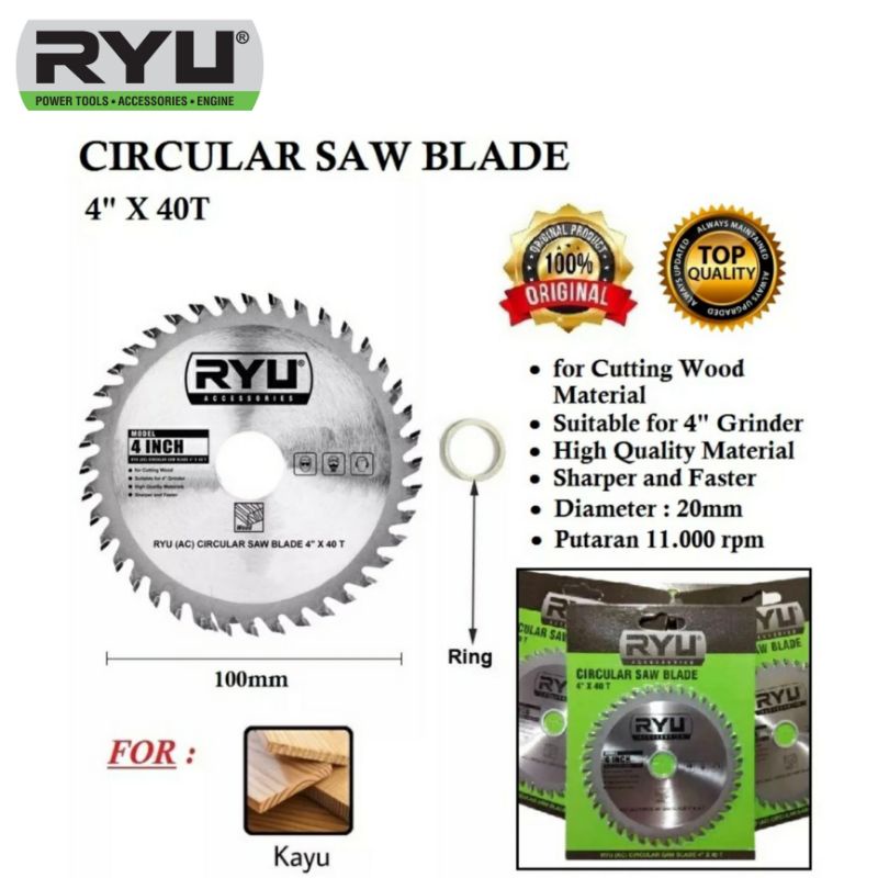 RYU Circular Saw 4&quot; X 40T Mata Circular Saw Blade Mata Potong Kayu Mata Gergaji Kayu Mata Gerinda  Multi Saw Blade Mata Circle 4 Inch 24T Ryu Tekiro